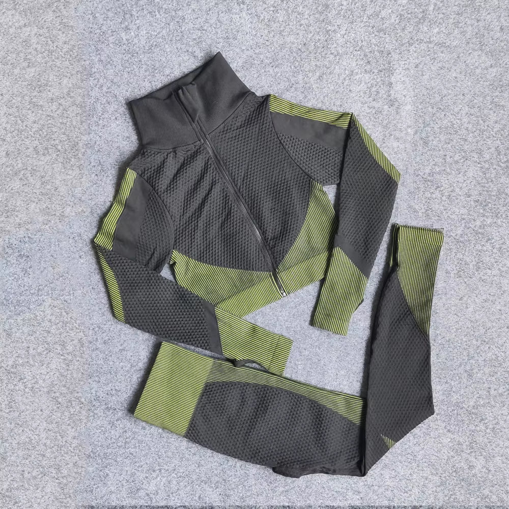 Women Yoga Set Gym Clothing Sport Fitness Suit Running Clothes Zip Long Sleeves Top+ Leggings Female Seamless Gym Yoga Bra Suits