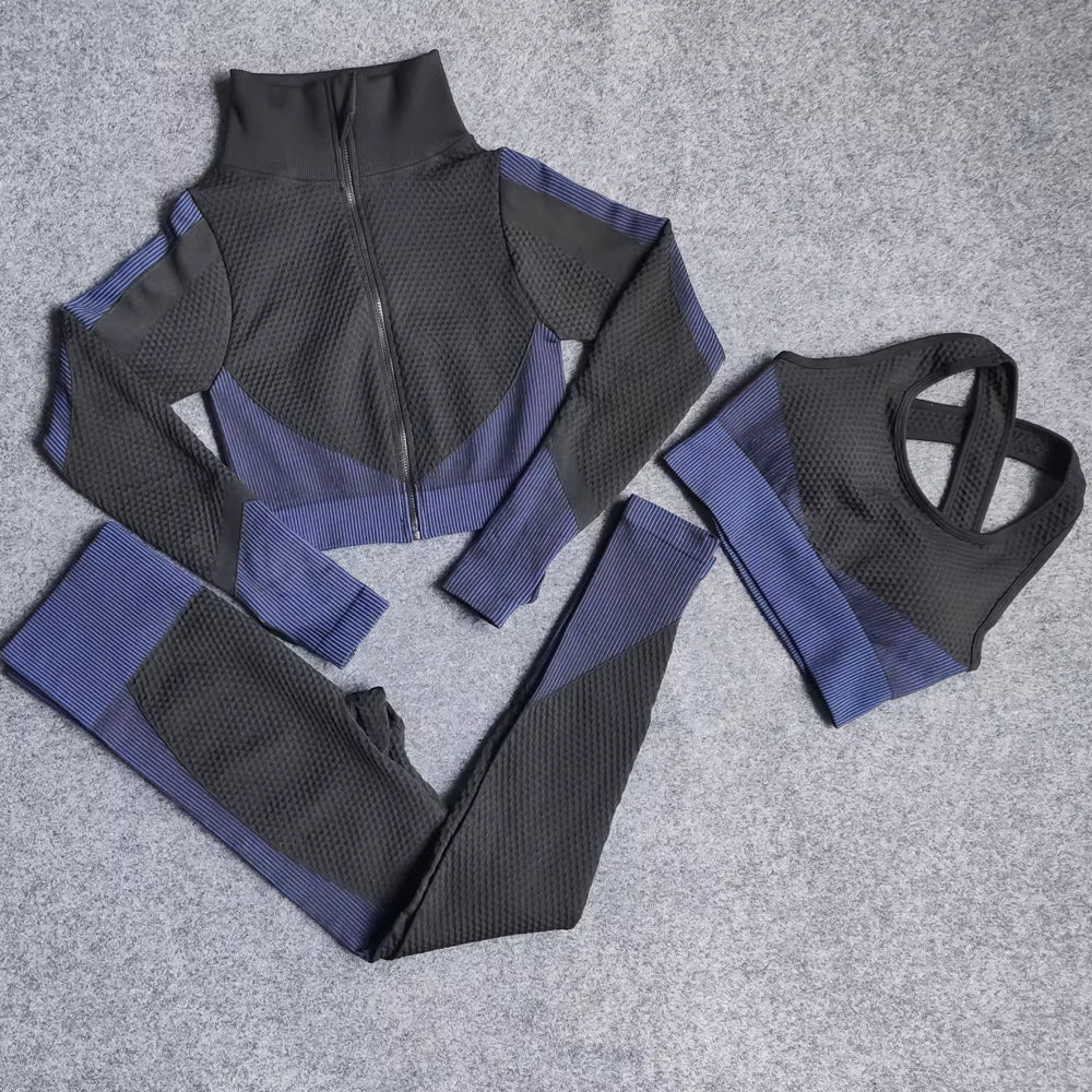 Women Yoga Set Gym Clothing Sport Fitness Suit Running Clothes Zip Long Sleeves Top+ Leggings Female Seamless Gym Yoga Bra Suits