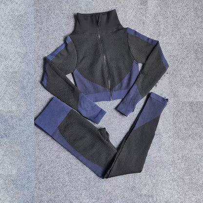 Women Yoga Set Gym Clothing Sport Fitness Suit Running Clothes Zip Long Sleeves Top+ Leggings Female Seamless Gym Yoga Bra Suits