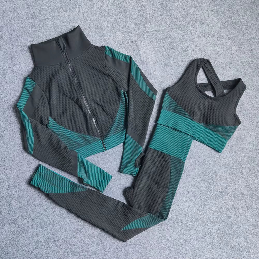 Women Yoga Set Gym Clothing Sport Fitness Suit Running Clothes Zip Long Sleeves Top+ Leggings Female Seamless Gym Yoga Bra Suits