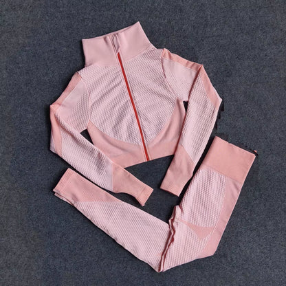 Women Yoga Set Gym Clothing Sport Fitness Suit Running Clothes Zip Long Sleeves Top+ Leggings Female Seamless Gym Yoga Bra Suits