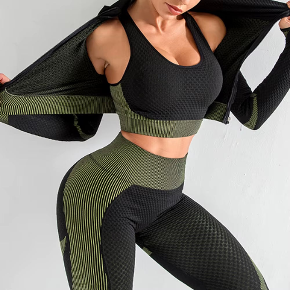 Women Yoga Set Gym Clothing Sport Fitness Suit Running Clothes Zip Long Sleeves Top+ Leggings Female Seamless Gym Yoga Bra Suits