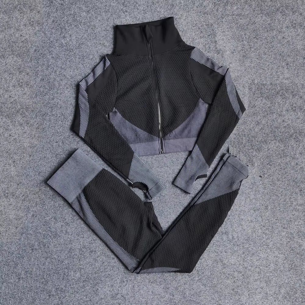 Women Yoga Set Gym Clothing Sport Fitness Suit Running Clothes Zip Long Sleeves Top+ Leggings Female Seamless Gym Yoga Bra Suits