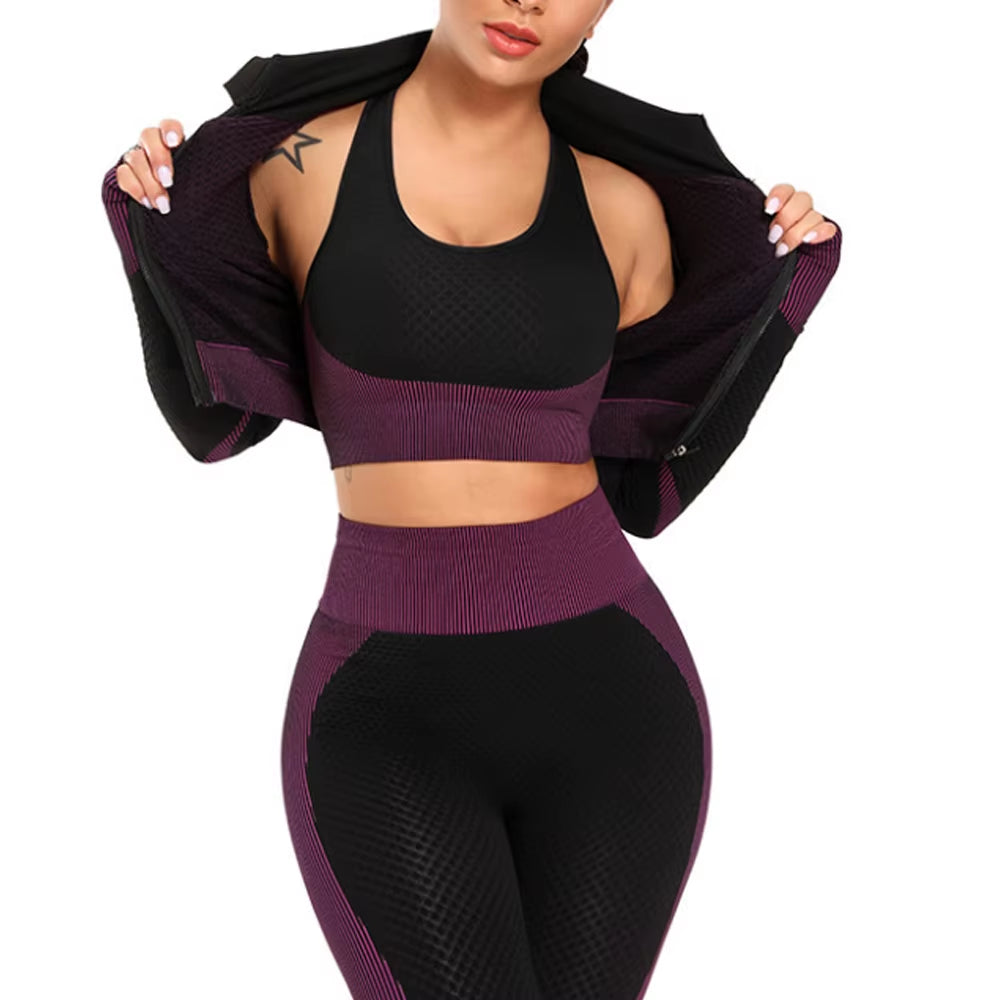 Women Yoga Set Gym Clothing Sport Fitness Suit Running Clothes Zip Long Sleeves Top+ Leggings Female Seamless Gym Yoga Bra Suits