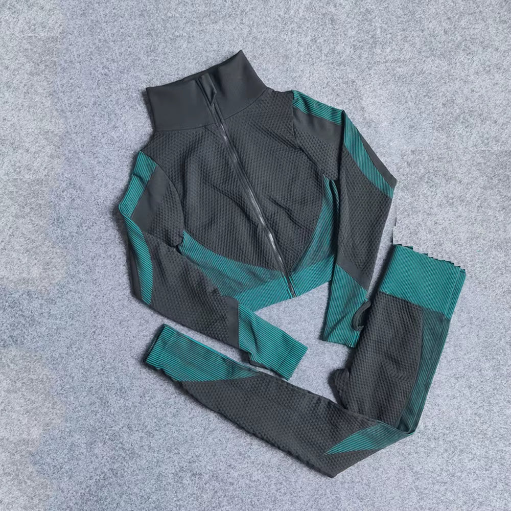 Women Yoga Set Gym Clothing Sport Fitness Suit Running Clothes Zip Long Sleeves Top+ Leggings Female Seamless Gym Yoga Bra Suits