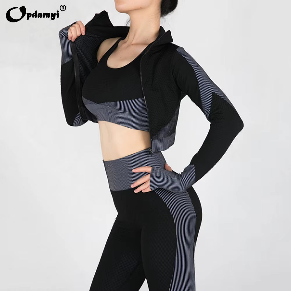 Women Yoga Set Gym Clothing Sport Fitness Suit Running Clothes Zip Long Sleeves Top+ Leggings Female Seamless Gym Yoga Bra Suits