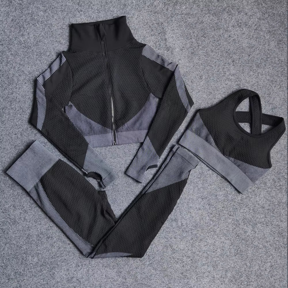 Women Yoga Set Gym Clothing Sport Fitness Suit Running Clothes Zip Long Sleeves Top+ Leggings Female Seamless Gym Yoga Bra Suits